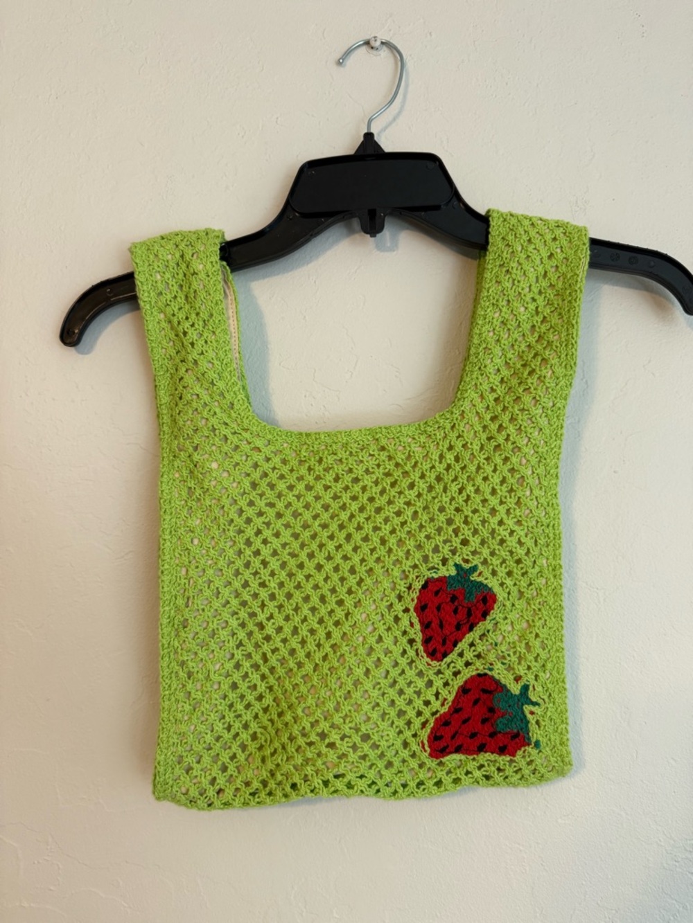 Lime Green Crochet Tote with Strawberry Appliqués